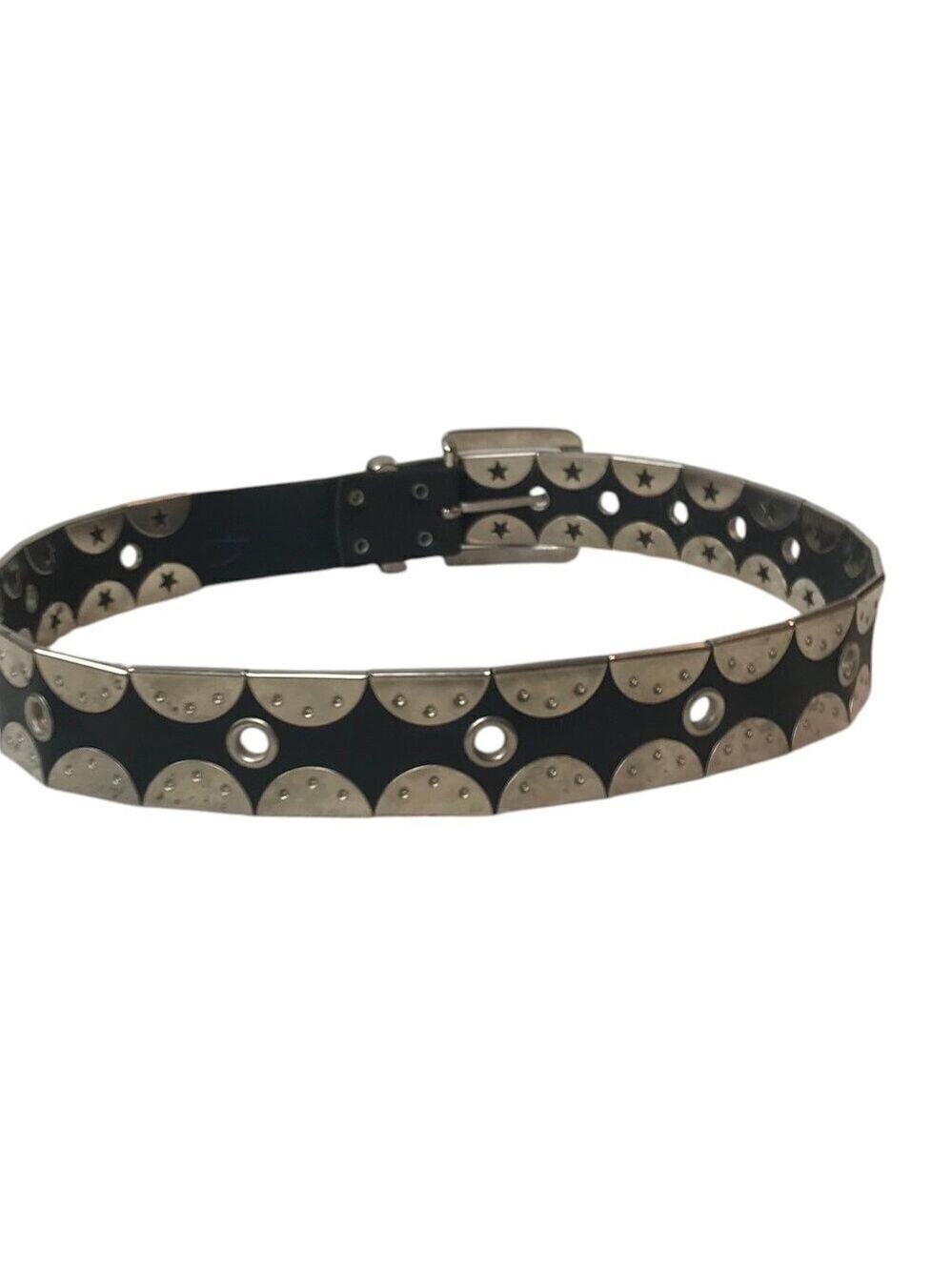 Black Leather Belt With Silver Coloured Flat Studs Statement Piece Size S - Picture 4 of 5